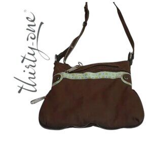 Thirty-One Brown Fabric Crossbody Purse with Floral Accents